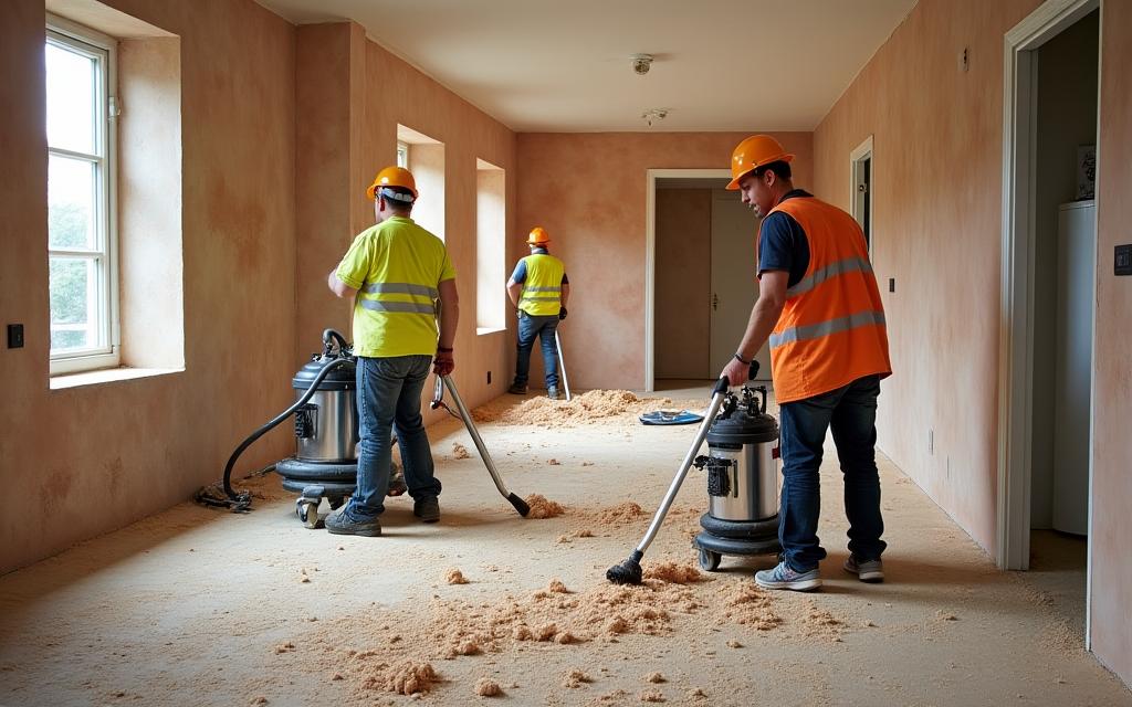 Crew clearing sawdust and construction debris post-renovation