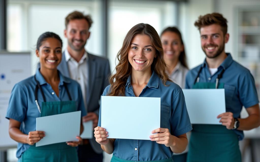 Professional cleaning team in training session holding certificates